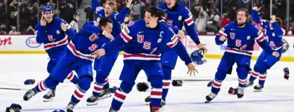 Team USA celebrates an overtime victory against Team Finland to win gold during the 2025 IIHF World Junior Championship at Canadian Tire Centre on January 5, 2025 in Ottawa, Ontario, Canada.