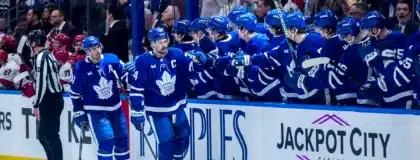 Auston Matthews #34 of the Toronto Maple Leafs celebrates his goal against the Carolina Hurricanes with teammates at the Scotiabank Arena on February 22, 2025 in Toronto, Ontario, Canada.