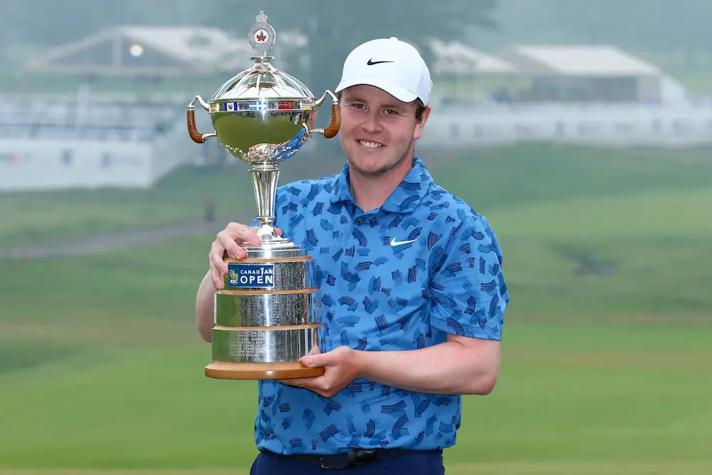 Robert MacIntyre with the trophy after winning the final round of the RBC Canadian Open Robert MacIntyre of Scotland celebrates with the trophy after winning the final round of the RBC Canadian Open at Hamilton Golf & Country Club on June 02, 2024 in Hamilton, Ontario, Canada.