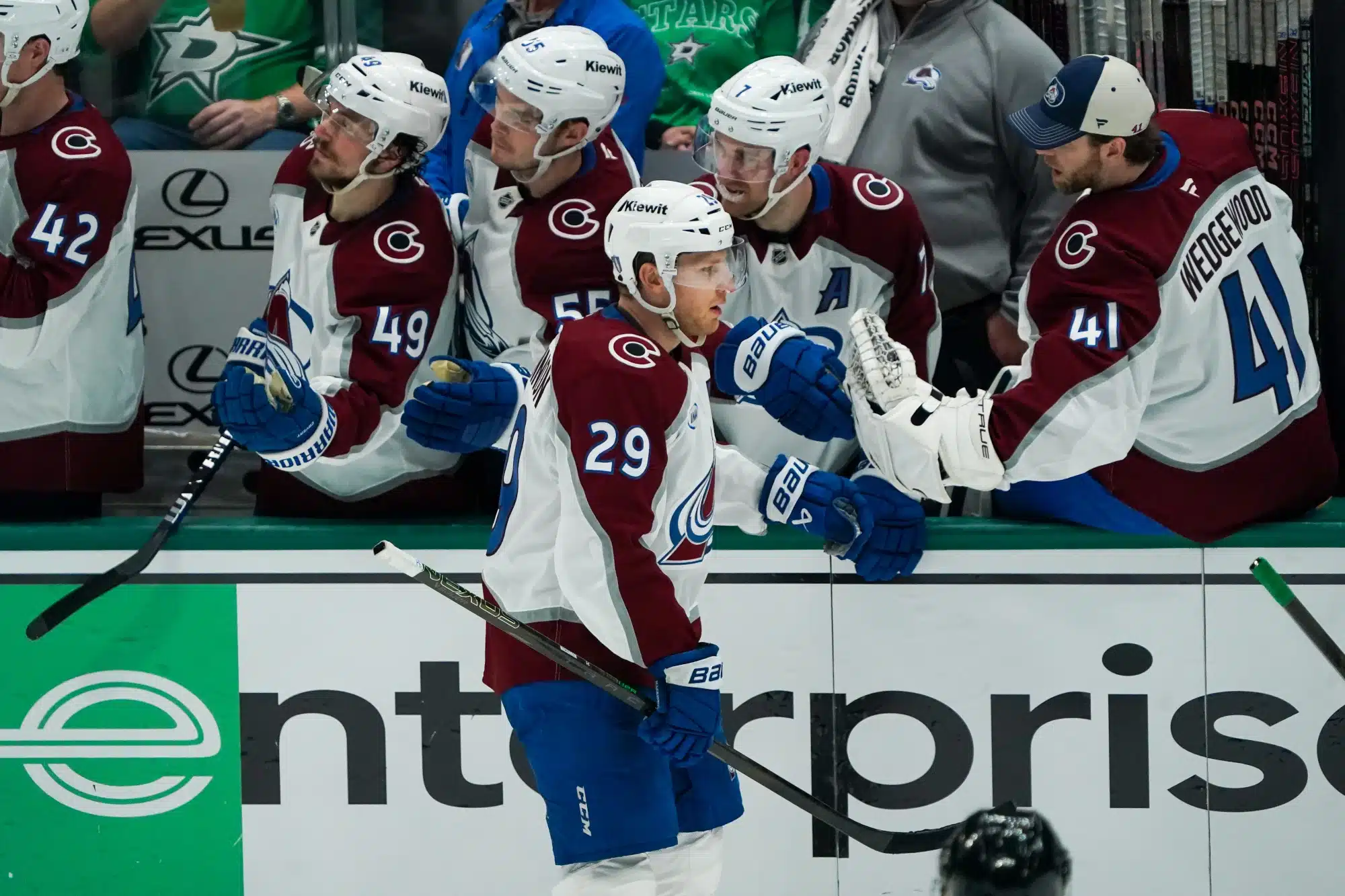 Apr 19, 2025; Dallas, Texas, USA; Colorado Avalanche center Nathan MacKinnon (29) celebrates his goal with teammates during the second period in game one of the first round of the 2025 Stanley Cup Playoffs against the Dallas Stars at American Airlines Center.