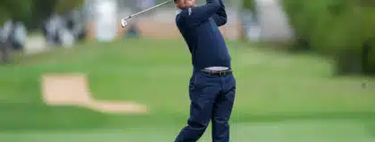 Apr 5, 2025; San Antonio, Texas, USA; Keith Mitchell watches his shot on the first hole during the third round of the Valero Texas Open golf tournament.