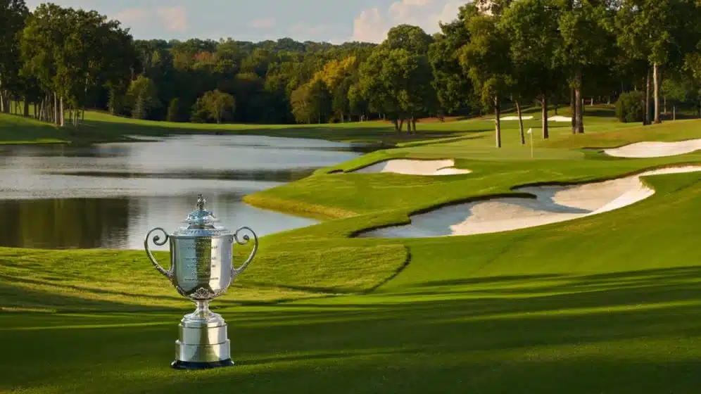 The PGA Championship Trophy on the 14th hole at Quail Hollow Club.