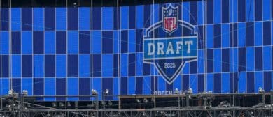 A video board displays the 2025 NFL Draft logo as the NFL Draft Theater is under construction on Thursday, April 17, 2025, at Lambeau Field in Green Bay, WI. The 2025 NFL Draft will be held April 24-26.