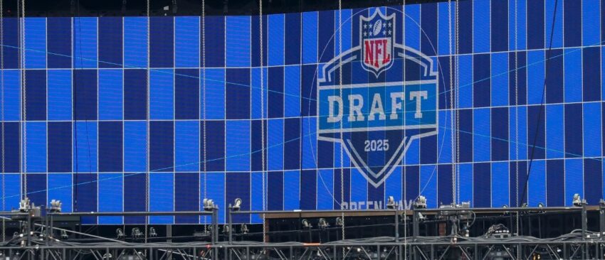 A video board displays the 2025 NFL Draft logo as the NFL Draft Theater is under construction on Thursday, April 17, 2025, at Lambeau Field in Green Bay, WI. The 2025 NFL Draft will be held April 24-26.
