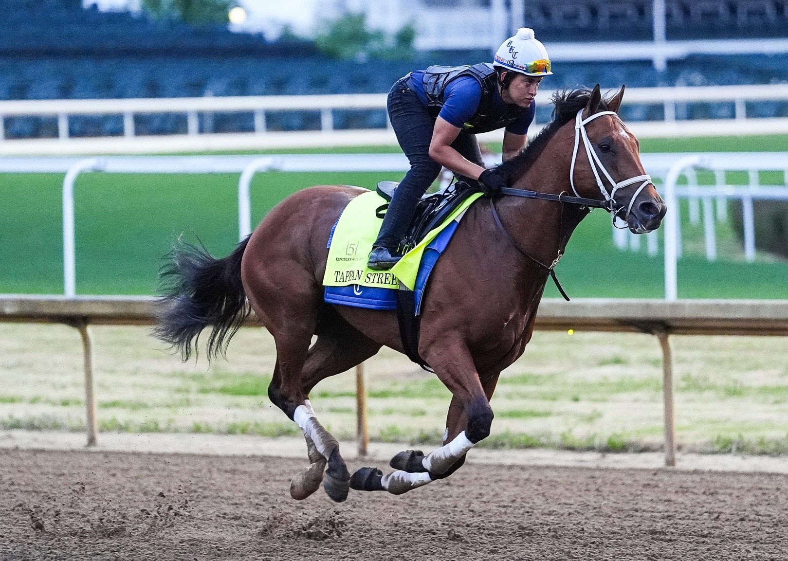 Kentucky Derby 151 contender Tappan Street trains at Churchill Downs on Monday morning April 21, 2025 in Louisville, Kentucky. The three-year-old has earned $643,000 so far and won the Grade I Florida Derby at Gulfstream Park on March 29.