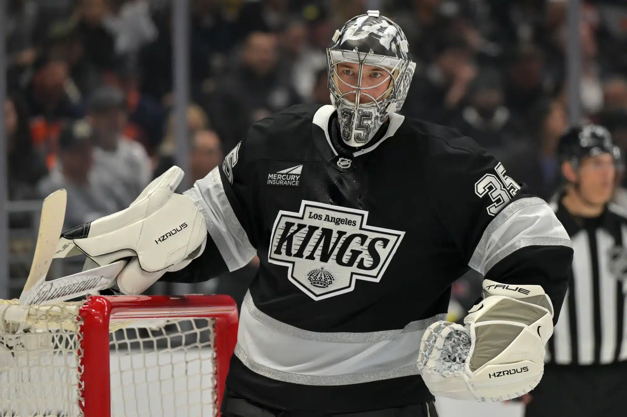 Apr 23, 2025; Los Angeles, California, USA; Los Angeles Kings goaltender Darcy Kuemper (35) looks on during game 2 of the 2025 Stanley Cup Playoffs against the Edmonton Oilers at Crypto.com Arena. 