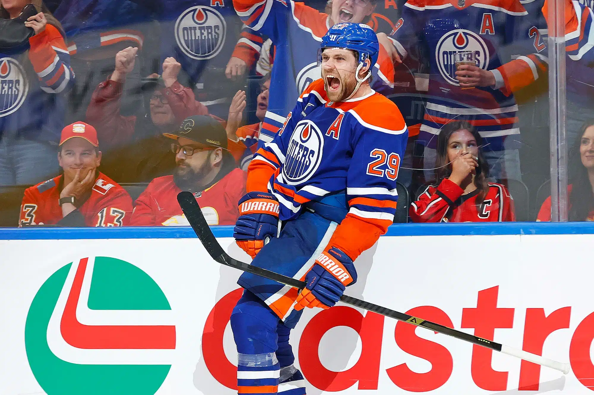 Mar 29, 2025; Edmonton, Alberta, CAN; Edmonton Oilers forward Leon Draisaitl (29) celebrates after scoring his 50th goal of the season during the third period against the Calgary Flames at Rogers Place.