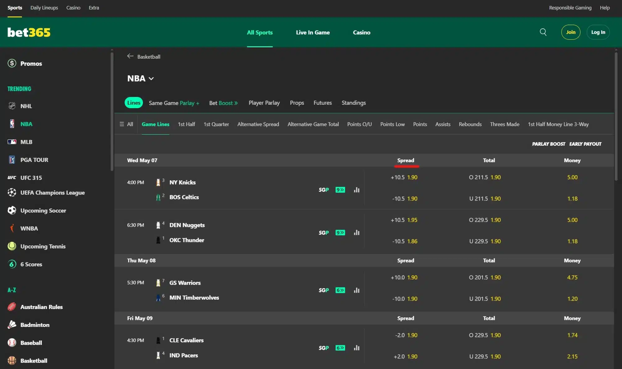 A screenshot of a desktop view of bet365's NBA point spread offerings.