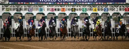 Nov 2, 2024; Del Mar, CA, USA; Horses leave the gate for the Dirt Mile race at the 2024 Breeders' Cup Championship at Del Mar Thoroughbred Club.