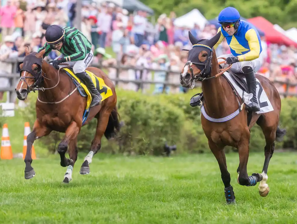 Jockey Harrison Beswick on horse “Point Me By” competes with jockey Evan Dwan on horse “Dynamite Dan” during the third race at Steeplechase Saturday, May 10, 2025 at the Steeplechase grounds at Percy Warner Park.
