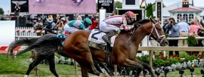 May 17, 2025; Baltimore, Maryland, USA; Journalism (2) with Umberto Rispoli defeats Gosger (9) with Irad Ortiz Jr. to win the running of the 150th Preakness stakes.