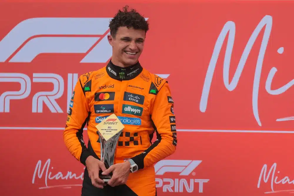 May 3, 2025; Miami Gardens, FL, USA; McLaren driver Lando Norris (4) reacts after winning F1 Miami Grand Prix Sprint Race at Miami International Autodrome.