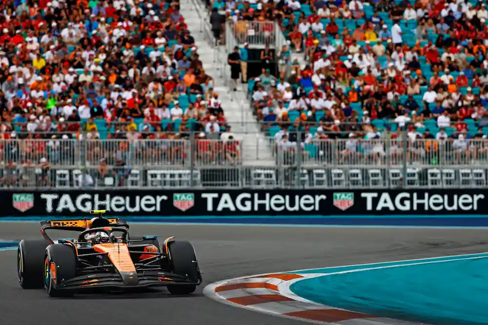 May 4, 2025; Miami Gardens, FL, USA; McLaren driver Lando Norris (4) during the F1 Miami Grand Prix at Miami International Autodrome.