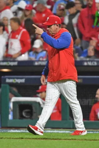 Oct 16, 2023; Philadelphia, Pennsylvania, USA; Philadelphia Phillies manager Rob Thompson (59) makes a pitching change in the seventh inning against the Arizona Diamondbacks during game one of the NLCS for the 2023 MLB playoffs at Citizens Bank Park.