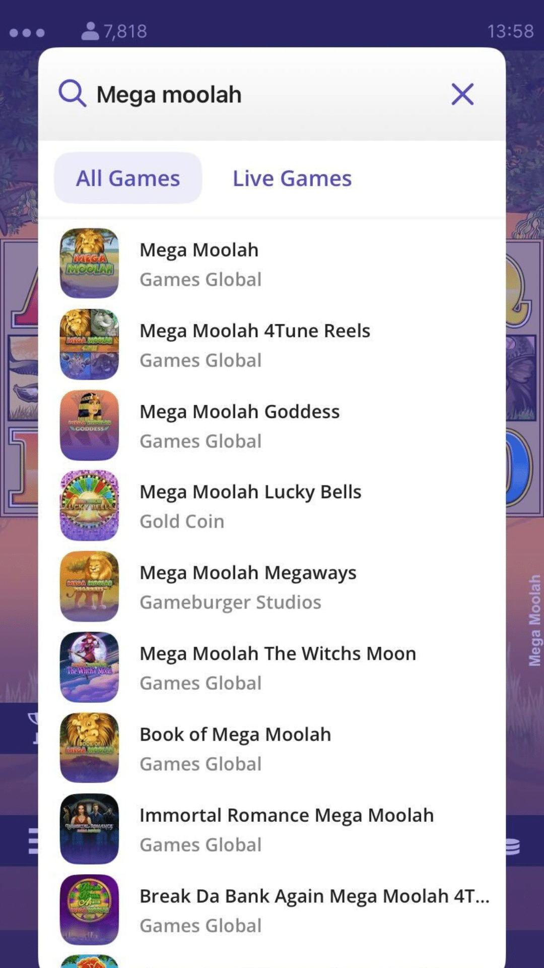 screenshot of casino days, where players can access mega moolah slots