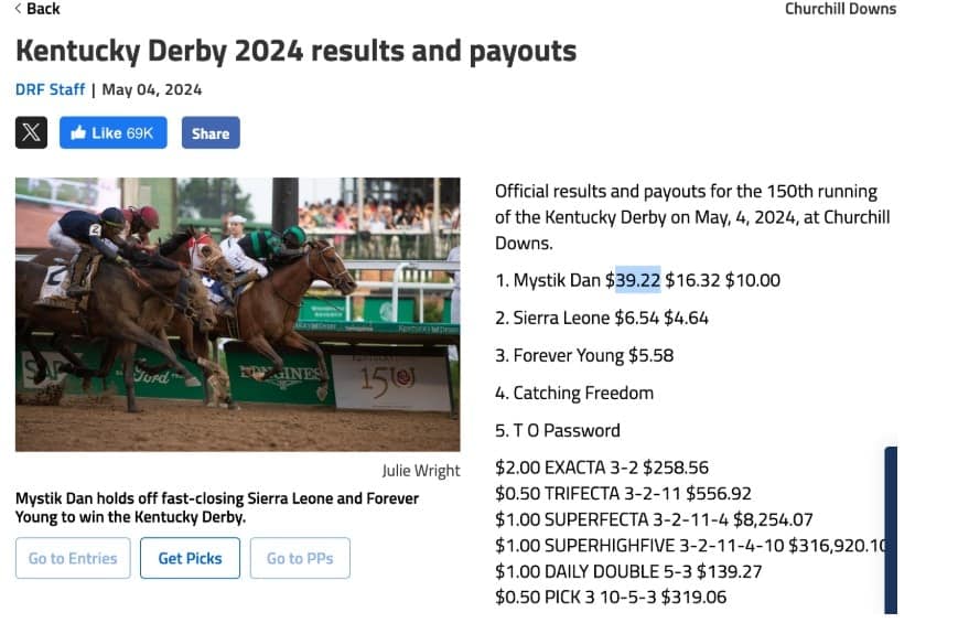 A screenshot view of the 2024 Kentucky Derby results and payouts.