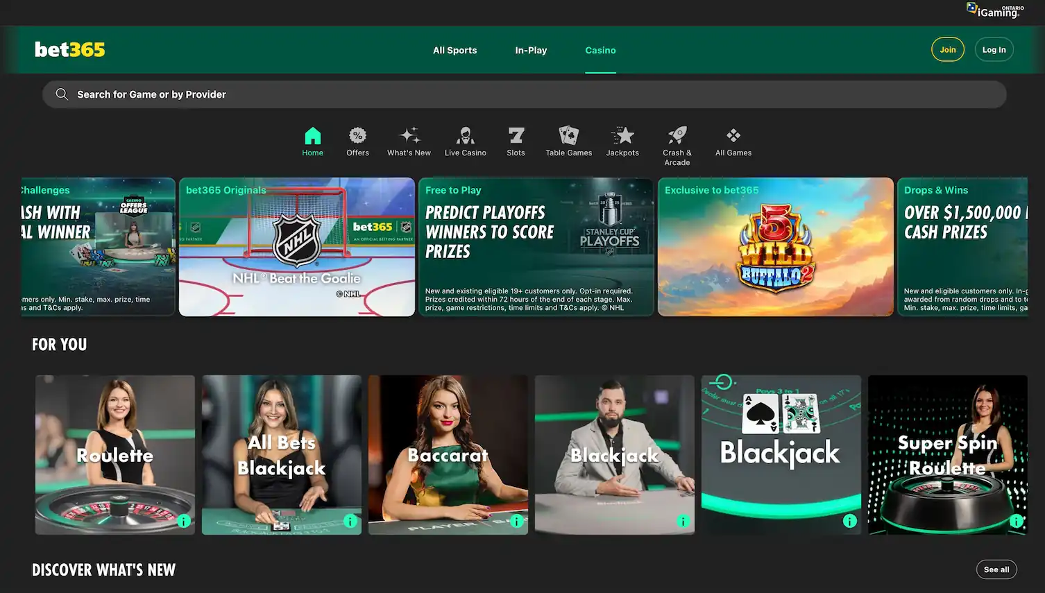 A screenshot of the desktop view of bet365 casino.