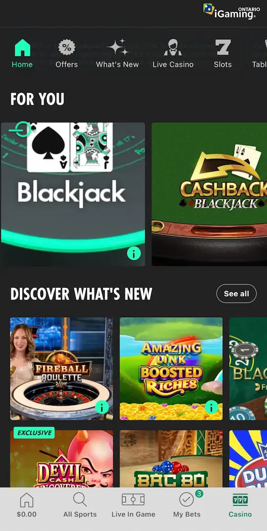 A screenshot view of the mobile bet365 casino app.