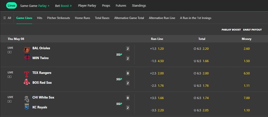 A screenshot desktop view of bet365's MLB betting odds for the run line, total and moneyline on the games on Thursday, May 8, 2025.