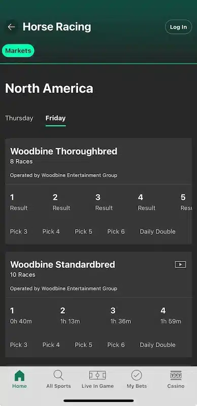 A screenshot of bet365's mobile app showing the bet365 horse racing screen.
