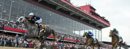May 18, 2024; BaltimMay 18, 2024; Baltimore, Maryland, USA; Jamie Torres aboard Seize the Grey (6) wins the running of the 149th Preakness Stakes at Pimlico Race Course.