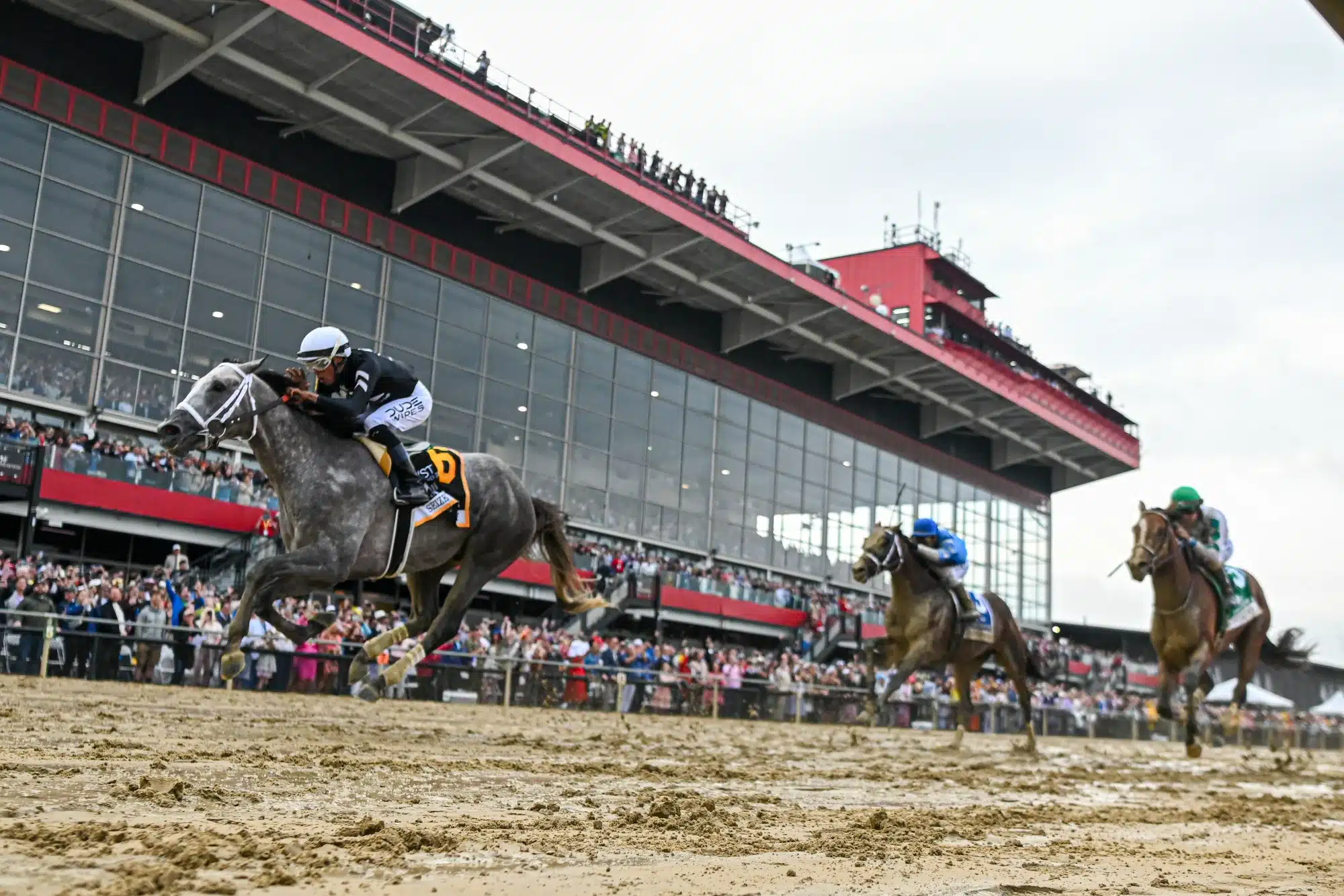 Edgar Prado and Barbaro cross the finish line at the 132nd Kentucky Derby May 18, 2024; BaltimMay 18, 2024; Baltimore, Maryland, USA; Jamie Torres aboard Seize the Grey (6) wins the running of the 149th Preakness Stakes at Pimlico Race Course.