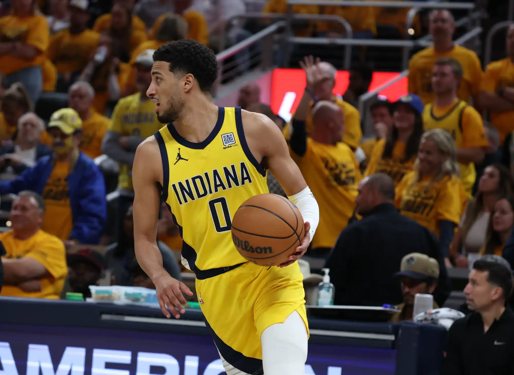 May 25, 2025; Indianapolis, Indiana, USA; Indiana Pacers guard Tyrese Haliburton (0) dribbles downcourt during the second quarter against the New York Knicks during of game three of the eastern conference finals for the 2025 NBA Playoffs at Gainbridge Fieldhouse.