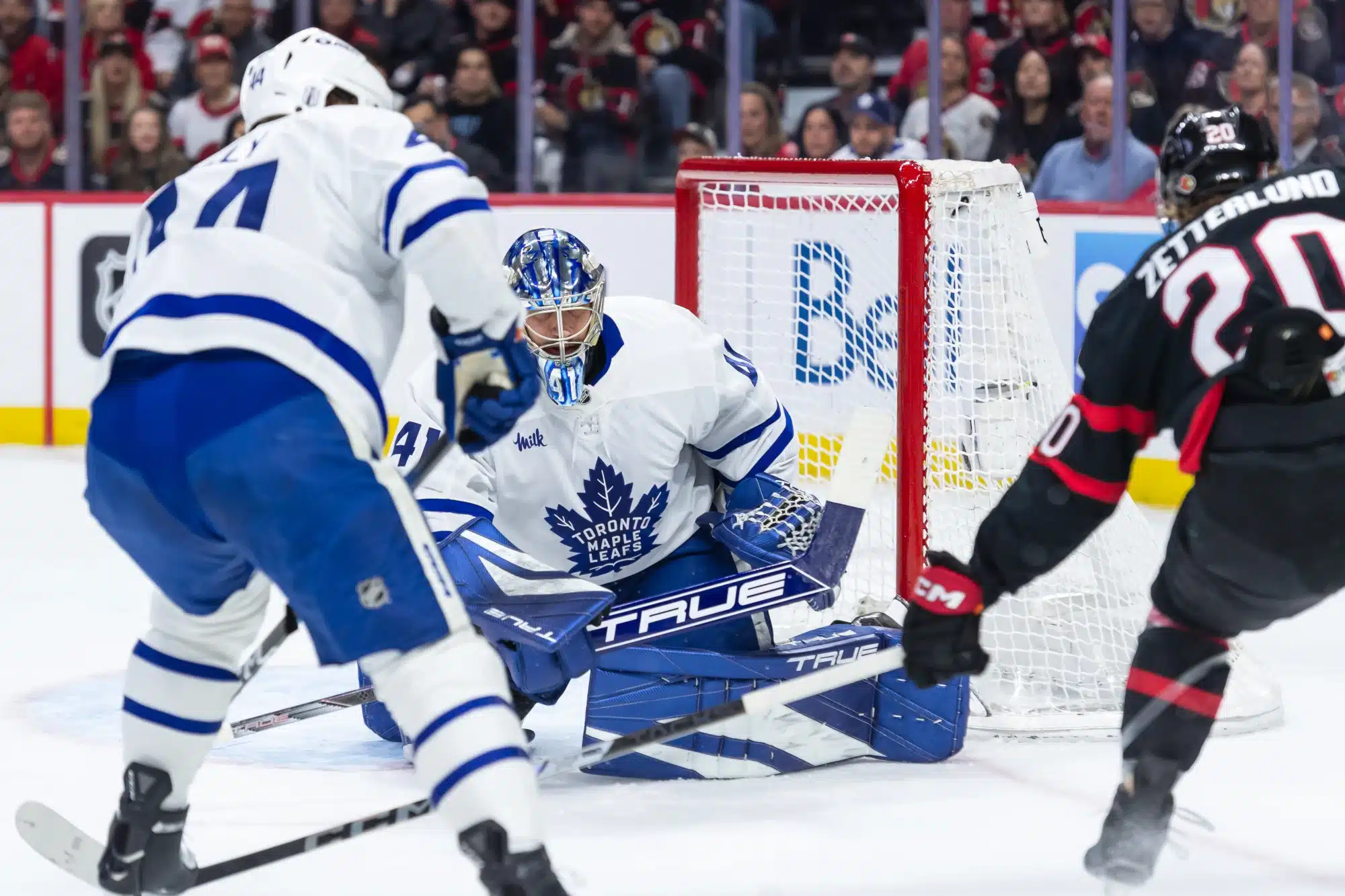 May 1, 2025; Ottawa, Ontario, CAN; Toronto Maple Leafs goalie Anthony Stolarz (41) makes a save on a shot from Ottawa Senators left wing Fabian Zetterlund (20) in game six of the first round of the 2025 Stanley Cup Playoffs at Canadian Tire Centre.