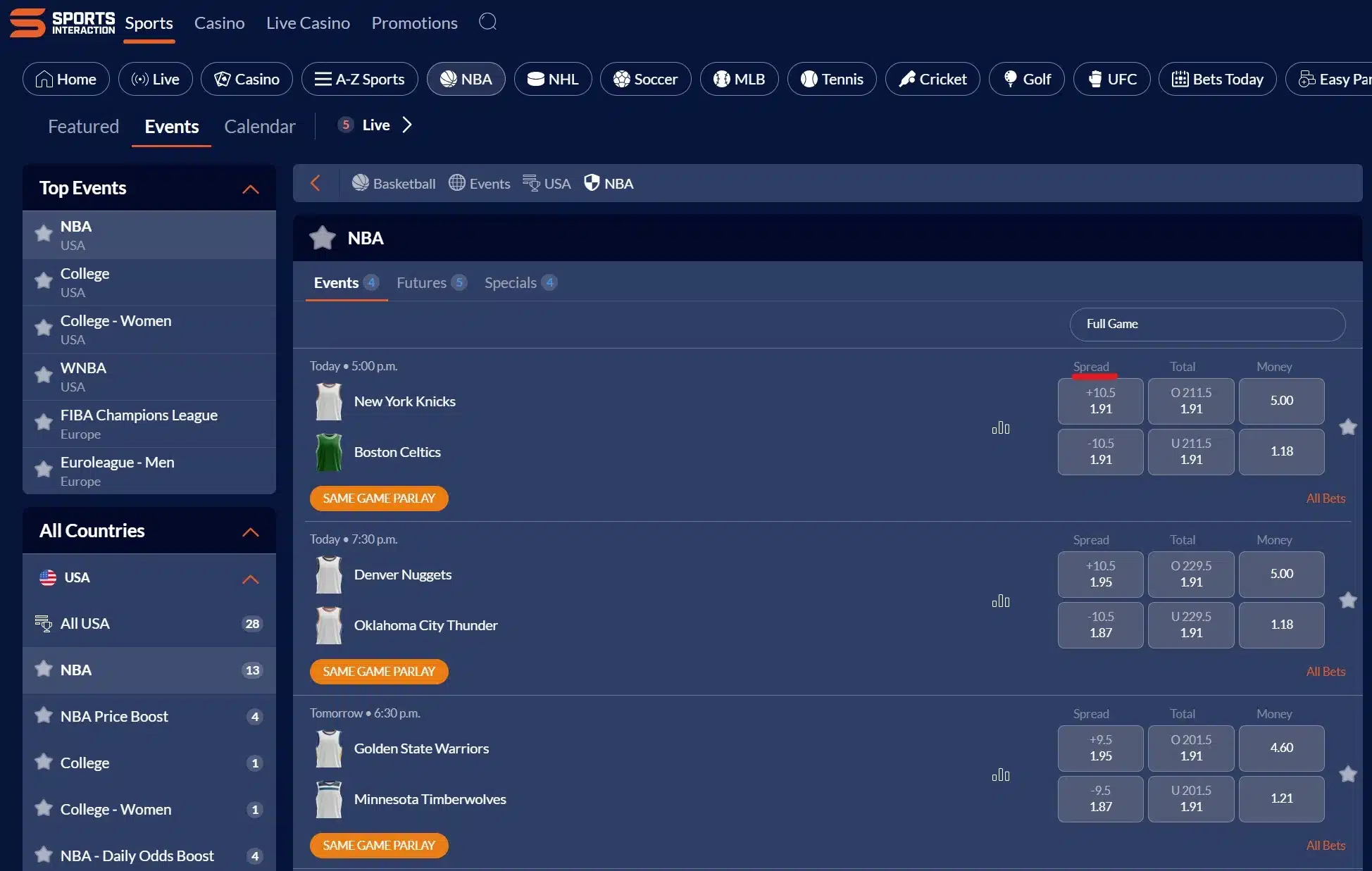 A screenshot of a desktop view of Sports Interaction NBA point spread offerings.