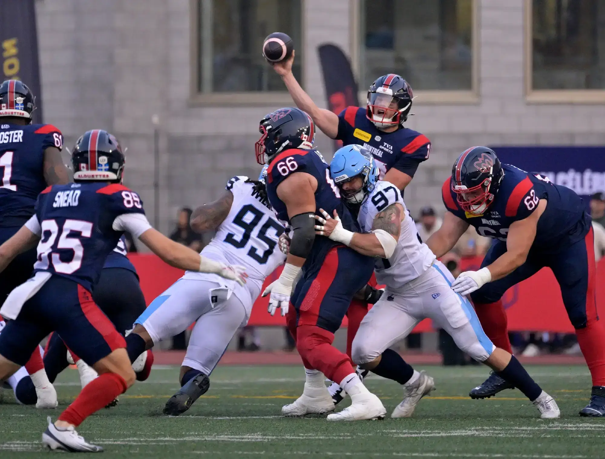 Jun 6, 2025; Montreal, Quebec, Canada; Montreal Alouettes quarterback Davis Alexander (10) throws a pass during the first half against the Toronto Argonauts at Percival-Molson stadium.