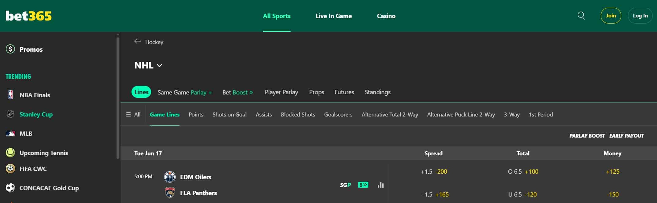 A screenshot desktop view of Oilers Odds from bet365