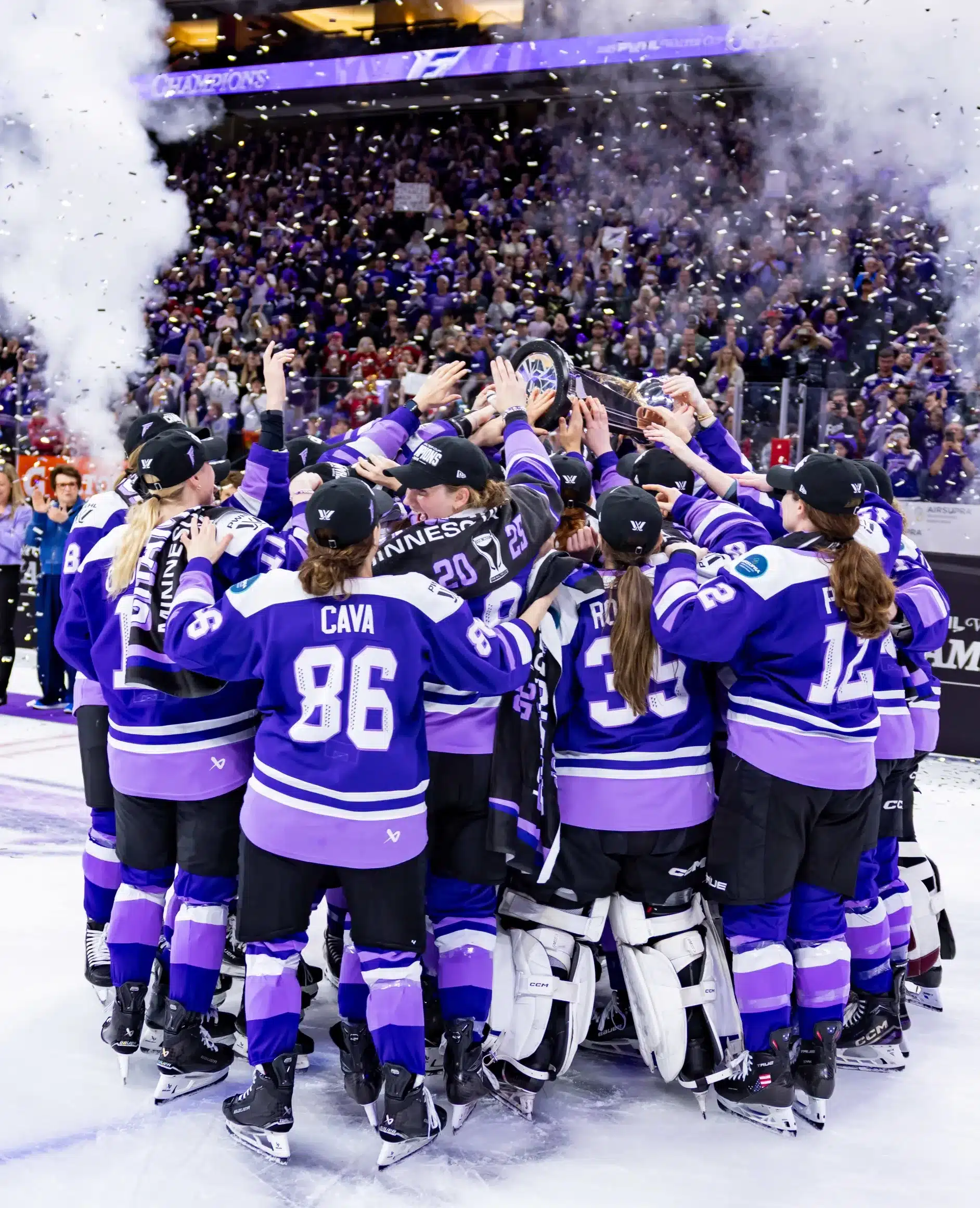 Minnesota vs. Montreal match The Minnesota Frost celebrate on the ice with the Walter Cup after defeating the Ottawa Charge 2-1.
