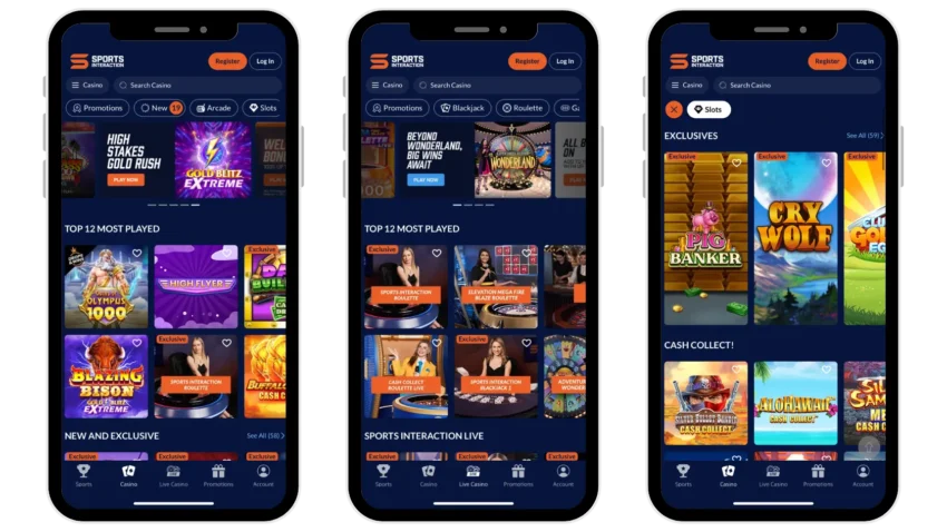 Sports Interaction casino app mockup in iphone.
