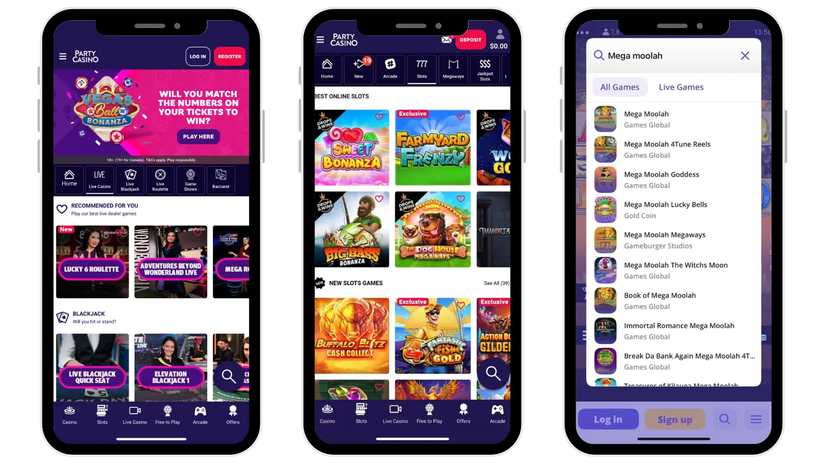 party casino app mockup in iphone.