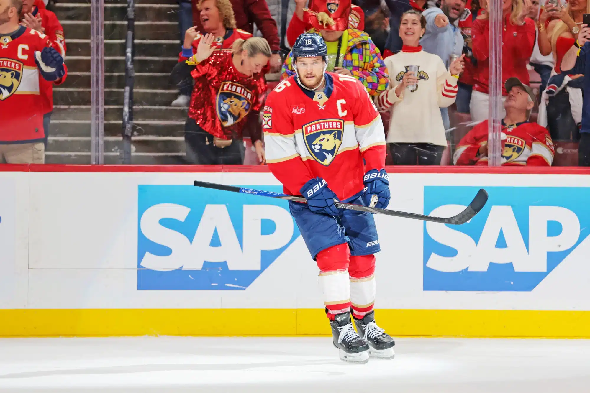 May 24, 2025; Sunrise, Florida, USA; Florida Panthers center Aleksander Barkov (16) celebrates after a goal during the third period against the Carolina Hurricanes in game three of the Eastern Conference Final of the 2025 Stanley Cup Playoffs at Amerant Bank Arena.