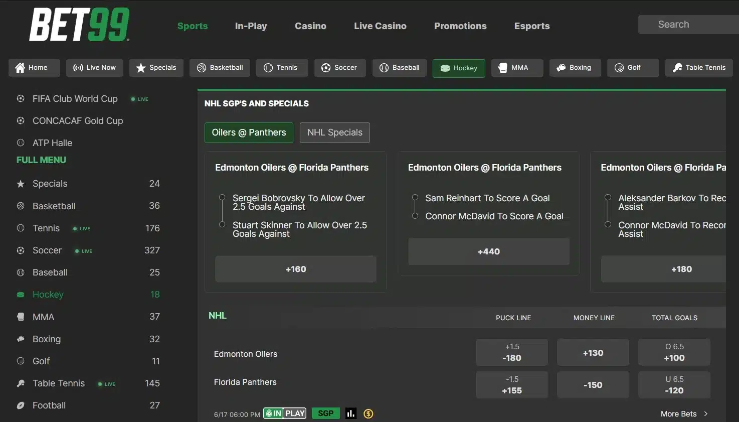 A screenshot desktop view of BET99's NHL betting page