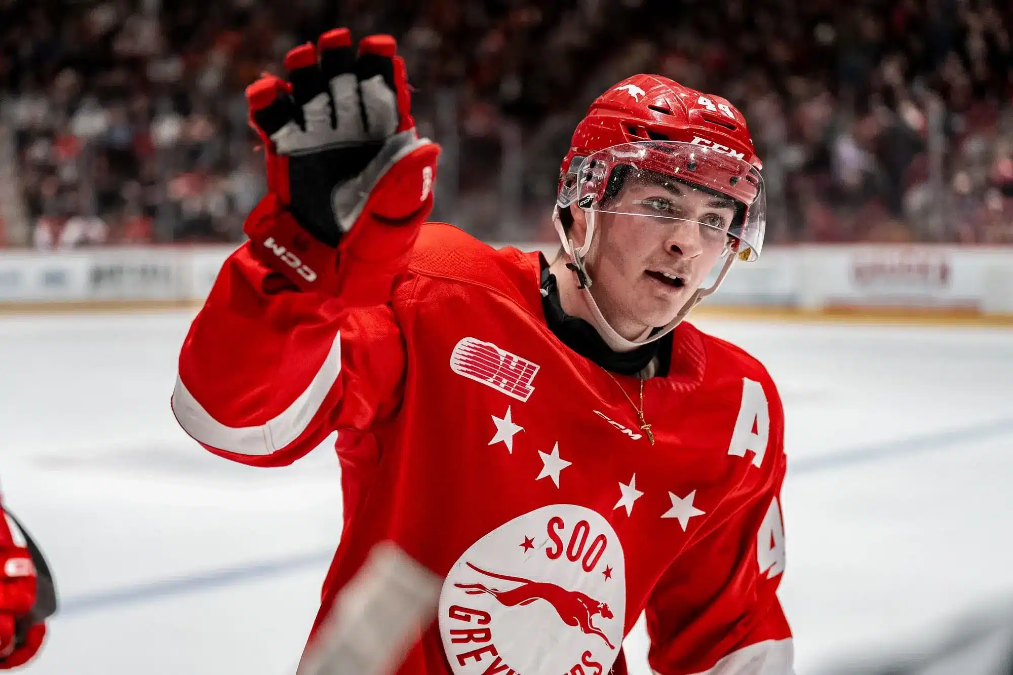 NHL Draft prospect Brady Martin in action for the Soo Greyhounds against Saginaw Spirit on Mar. 21.