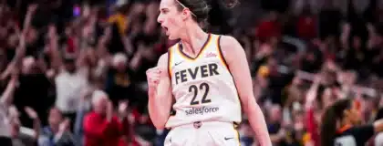 Indiana Fever guard Caitlin Clark (22) celebrates Saturday, May 24, 2025, during a game between the Indiana Fever and the New York Liberty at Gainbridge Fieldhouse in Indianapolis. The New York Liberty defeated the Indiana Fever, 90-88.