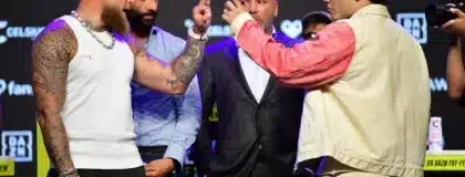 May 14, 2025; Los Angeles, California, USA; Jake Paul and Julio Cesar Chavez Jr. pose for photos in anticipation of their fight at Avalon Hollywood Theater.