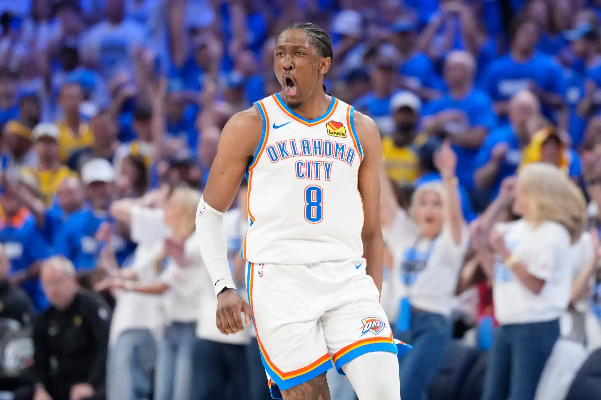 Jun 16, 2025; Oklahoma City, Oklahoma, USA; Oklahoma City Thunder forward Jalen Williams (8) reacts during the fourth quarter of game five of the 2025 NBA Finals against the Indiana Pacers at Paycom Center.