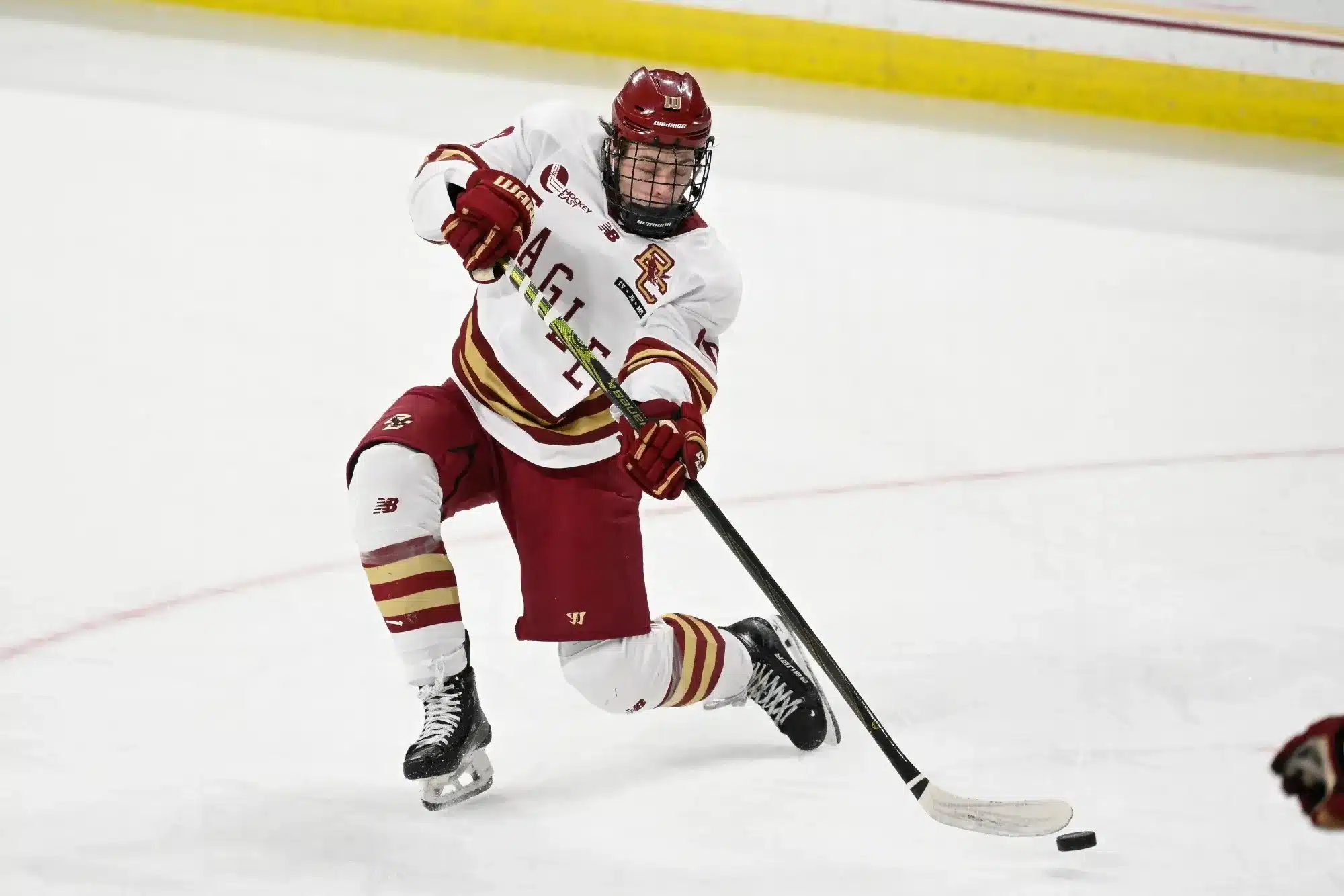 Feb 28, 2025; Chestnut Hill, MA, USA; Boston College forward and NHL Draft prospect James Hagens (10) shoots the puck against the University of New Hampshire Wildcats during the third period at Conte Forum.