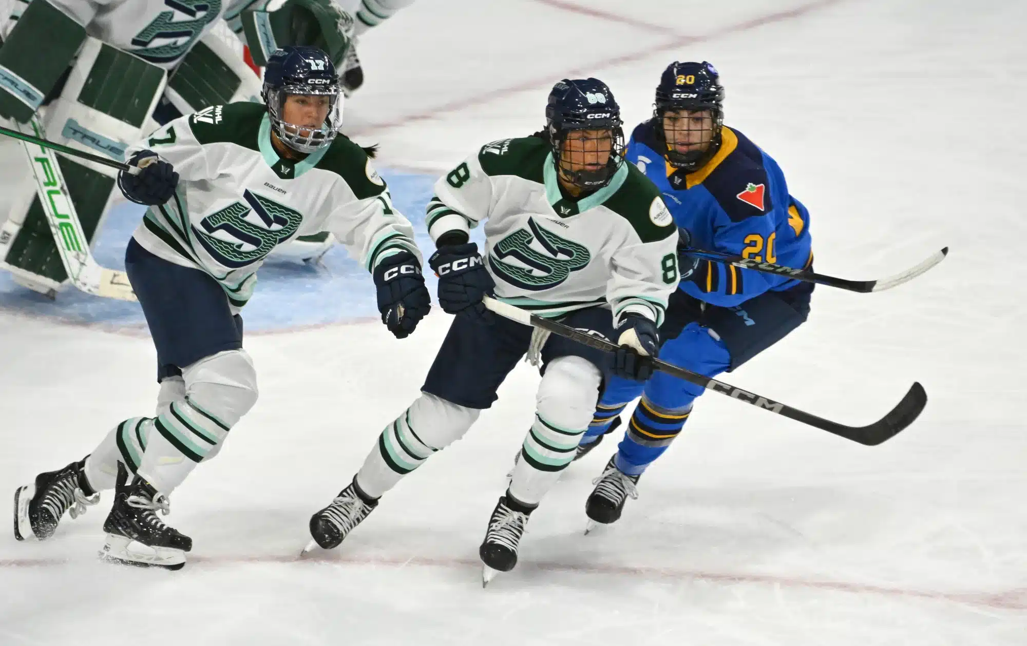 Kendall Coyne Schofield with The Walter Cup Nov 30, 2024; Toronto, ON, CANADA; Boston Fleet forwards Lexie Adzija (88) and Taylor Girard (17) pursue the play against Toronto Sceptres forward Sarah Nurse (20) in the third period at Coca-Cola Coliseum.