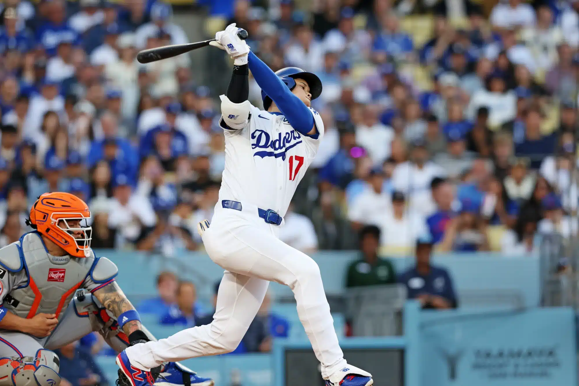 Jun 2, 2025; Los Angeles, California, USA; Los Angeles Dodgers two-way player Shohei Ohtani (17) strikes out during the first inning against the Los Angeles Dodgers during the first inning against the New York Mets at Dodger Stadium.