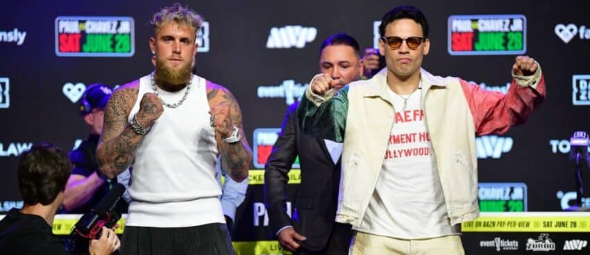 Jake Paul and Julio Cesar Chavez Jr. pose for photos following their press conference at Avalon Hollywood Theater.