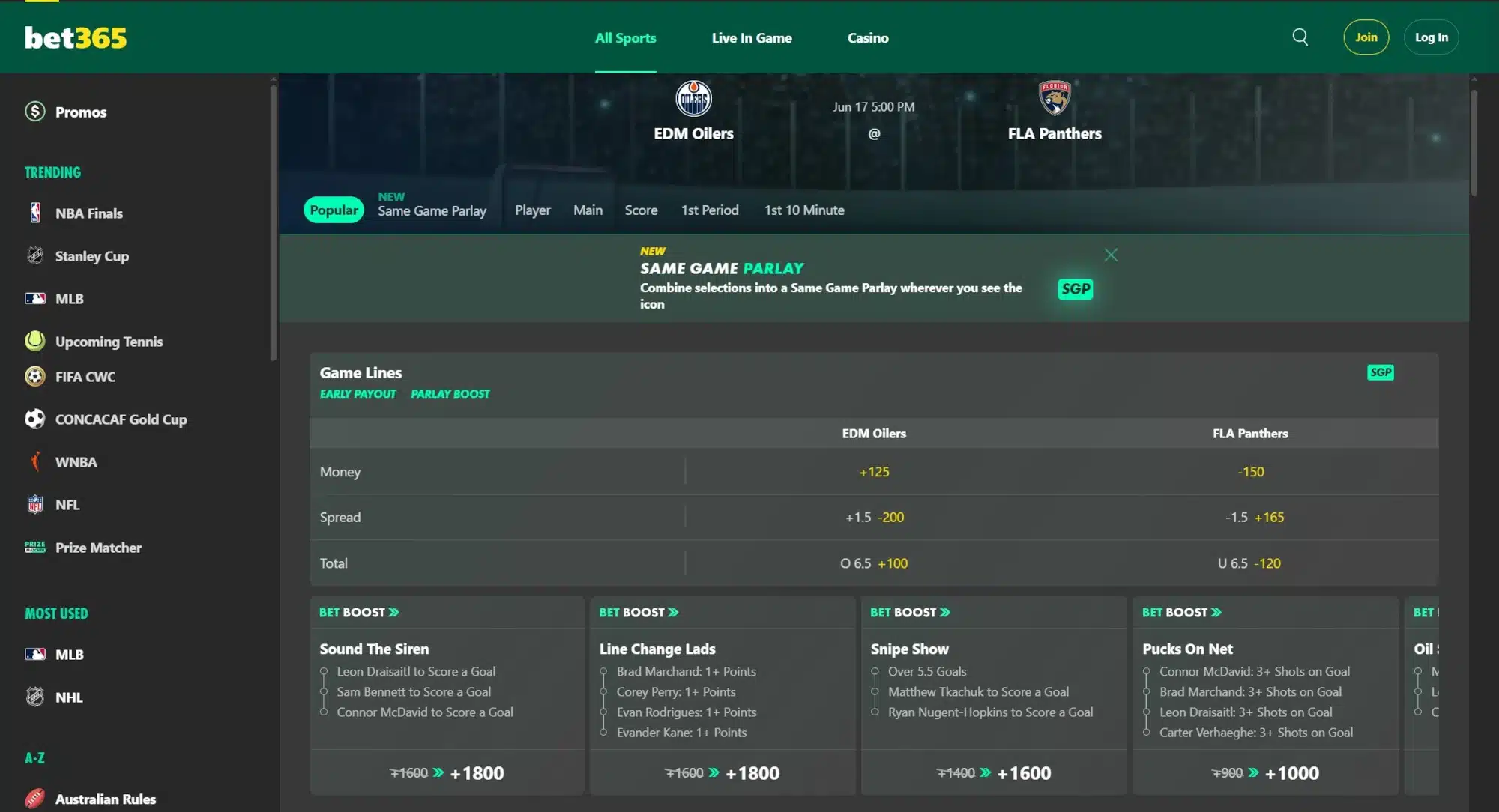 A screenshot desktop view of bet365's NHL betting page