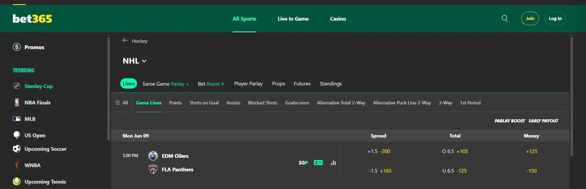 A screenshot desktop view of Stanley Cup betting odds from bet365.