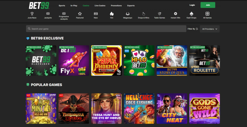 Screenshot of the bet99 casino homepage.