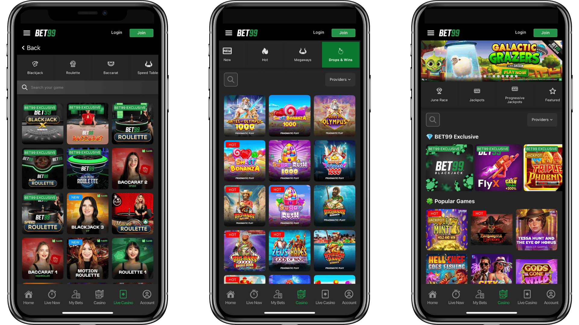 Three mockups of the bet99 casino app.