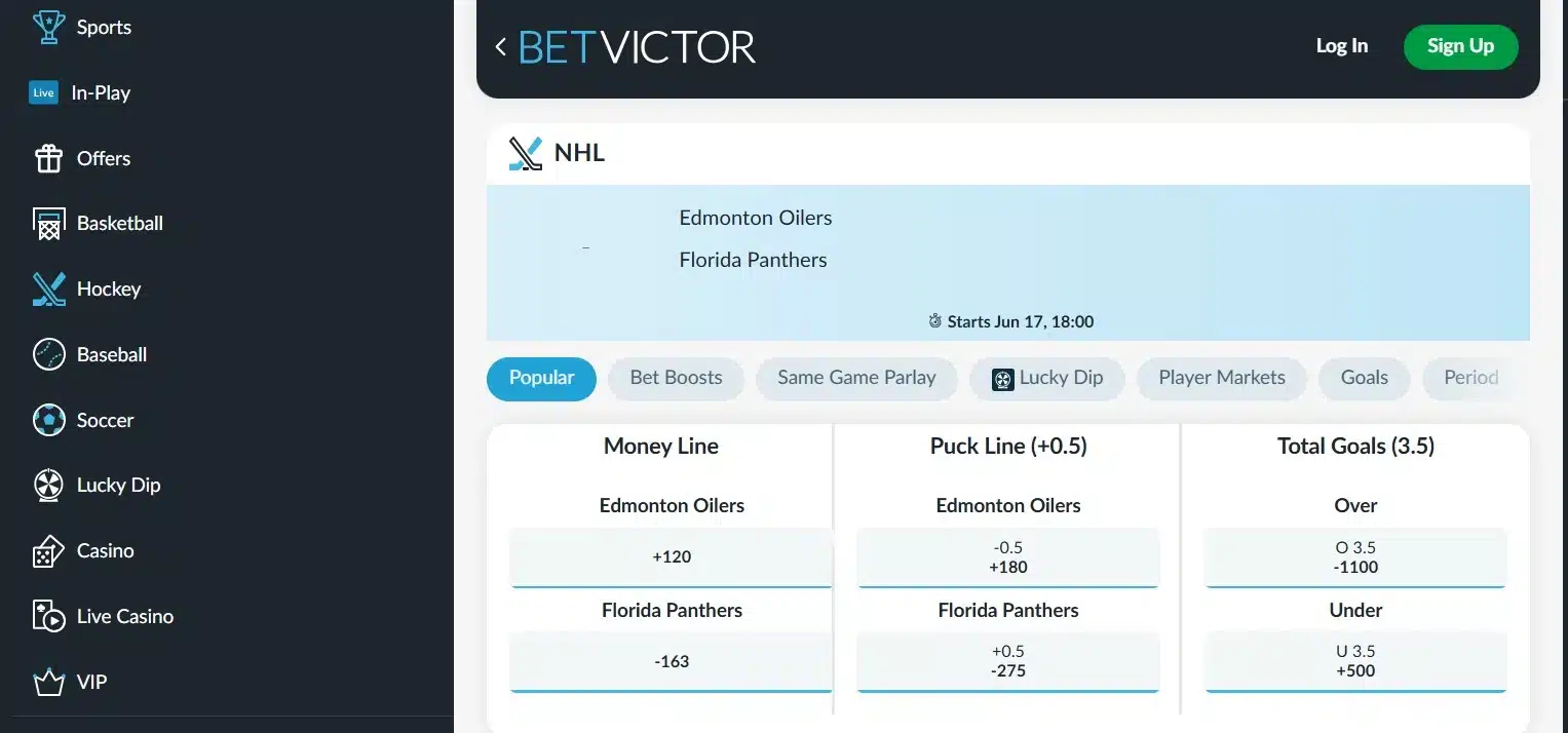 A screenshot desktop view of BetVictor's NHL betting page