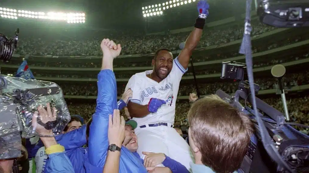 Joe Carter of the Toronto Blur Jays celebrates after hitting a home run in the bottom of the ninth inning to win the 1993 World Series.